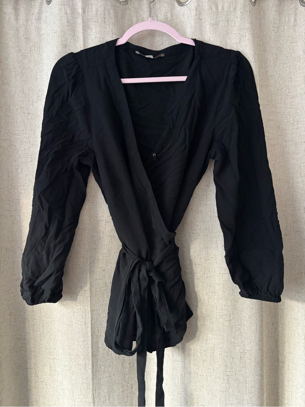 LOFT Black Wrap Blouse with Tie Waist and Puff Sleeves